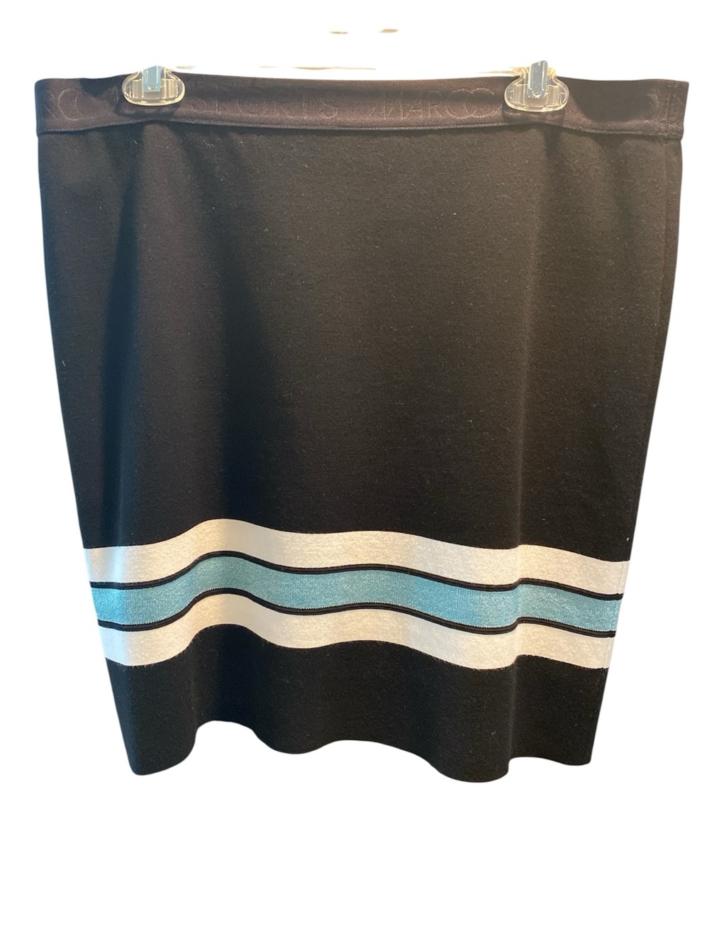 Marc Cain Sport Pull On Skirt Black with Blue & Cream Stripes NWOT. Size 12